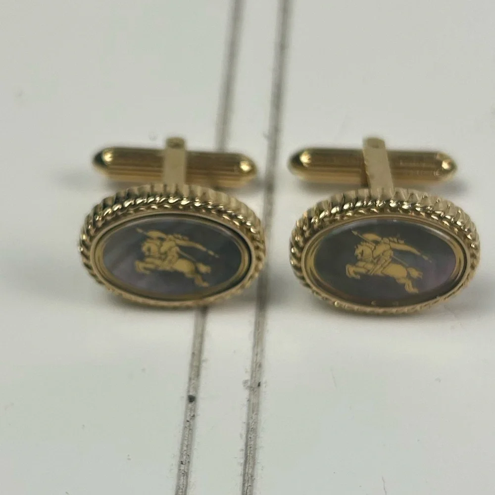 Burberry Vintage Gold Equestrian Cufflinks Knight Logo Oval Rare Designer